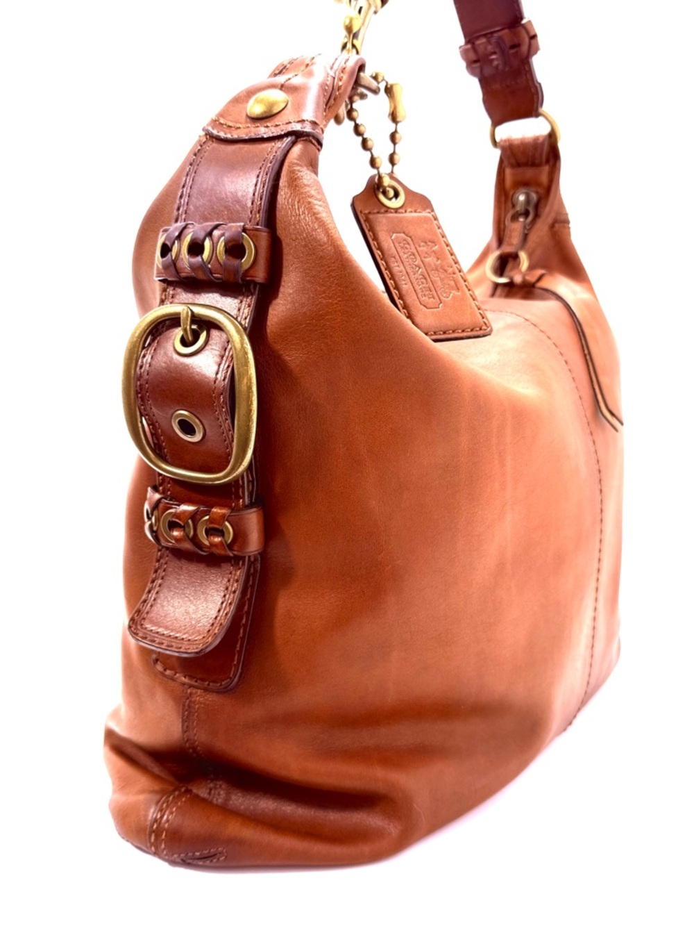 Coach Ergo Brown Leather Vintage Hobo Bag in Satin Tattersall Y2K Brass Buckle - Picture 4 of 14